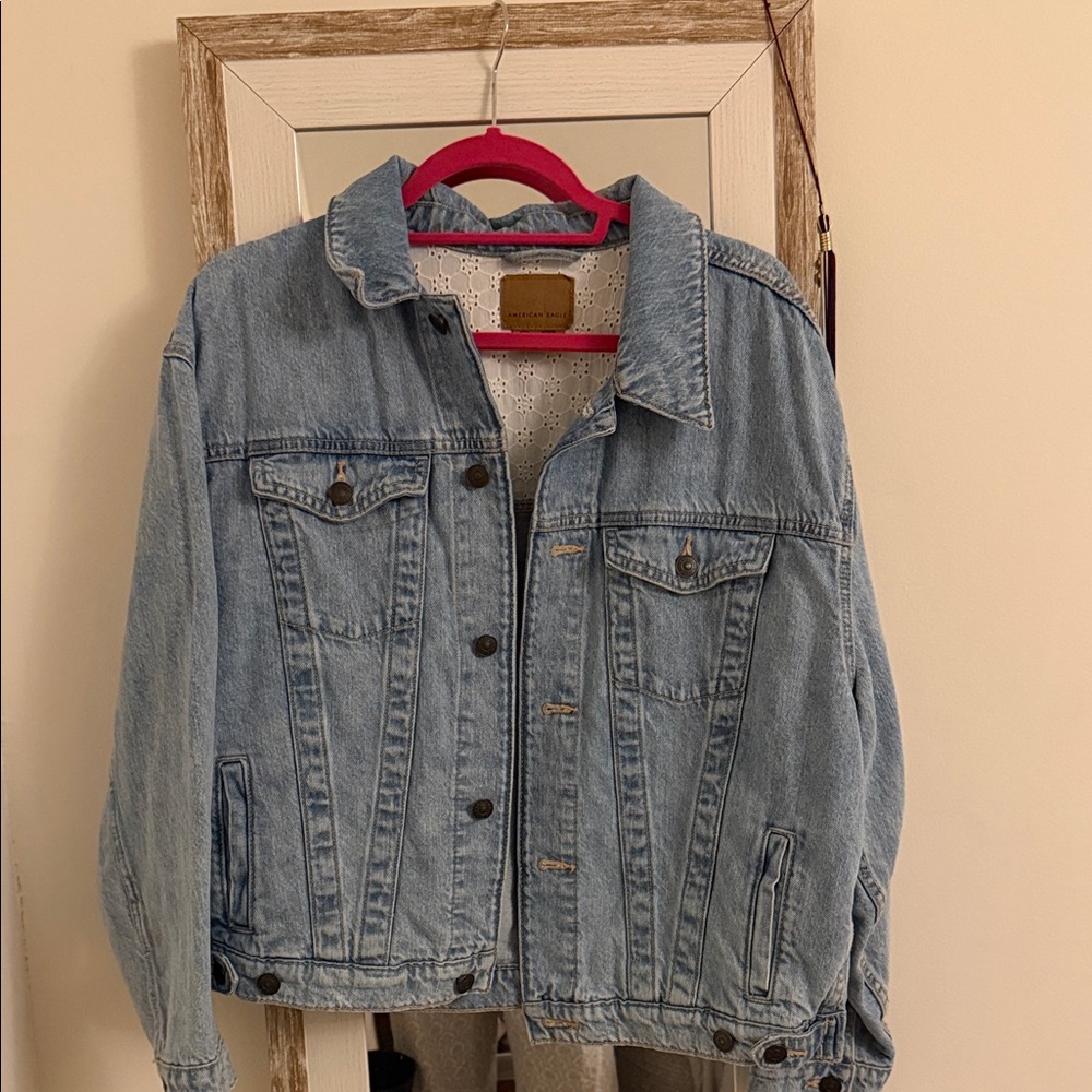 American Eagle Outfitters Light Blue Denim Jacket with White Lace Lining